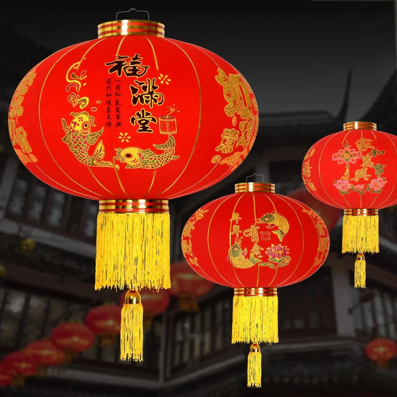 Chinese Spring Festival Red Lantern Flocking Cloth Door Hanging Lanterns New Year Traditional Decor Street Home Pendants