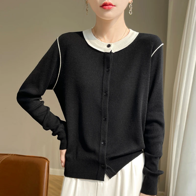 

Women's Cardigan Spring Worsted Wool Knitted Sweater Casual Splicing Blouse Loose Ladies Tops Round Neck Single Breasted Jacket