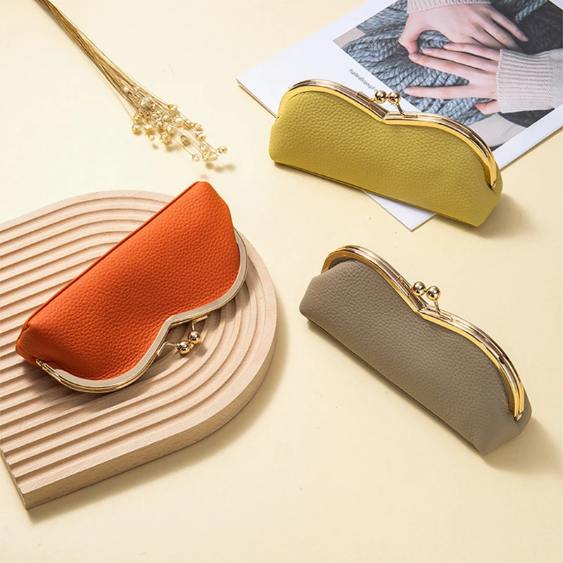 Genuine Leather Eyeglasses Case, Creative & Niche Portable Sunglasses Holder Sun Glasses & Eyebrow Pencils Storage Bag for Women