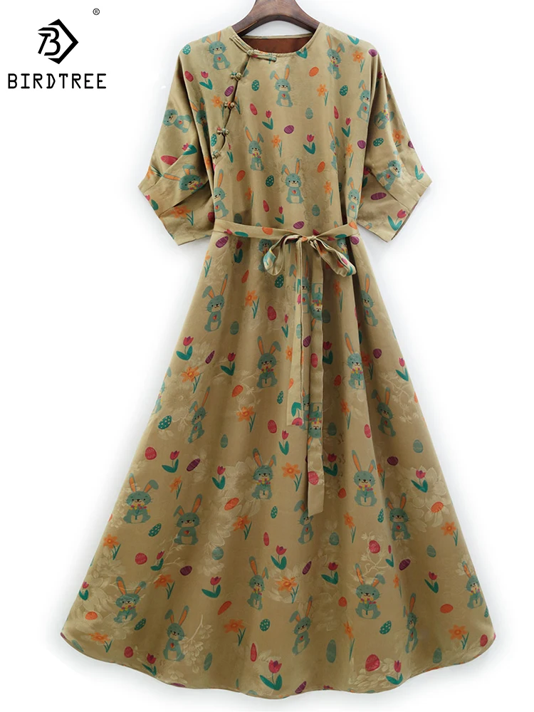 

Birdtree 35MM 100%Mulberry Silk Vintage Watered Gauze Dress Slanted Placket Flap Balloon Sleeve Half-sleeve Long Skirt D39968QD