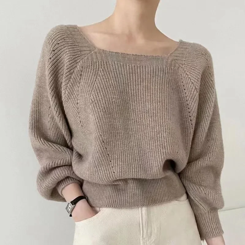 

Autumn Winter Casual Vintage Loose Sweater Fashion Women Korean Square Collar Pullover Long Sleeve Knitted Tops Clothes 29239