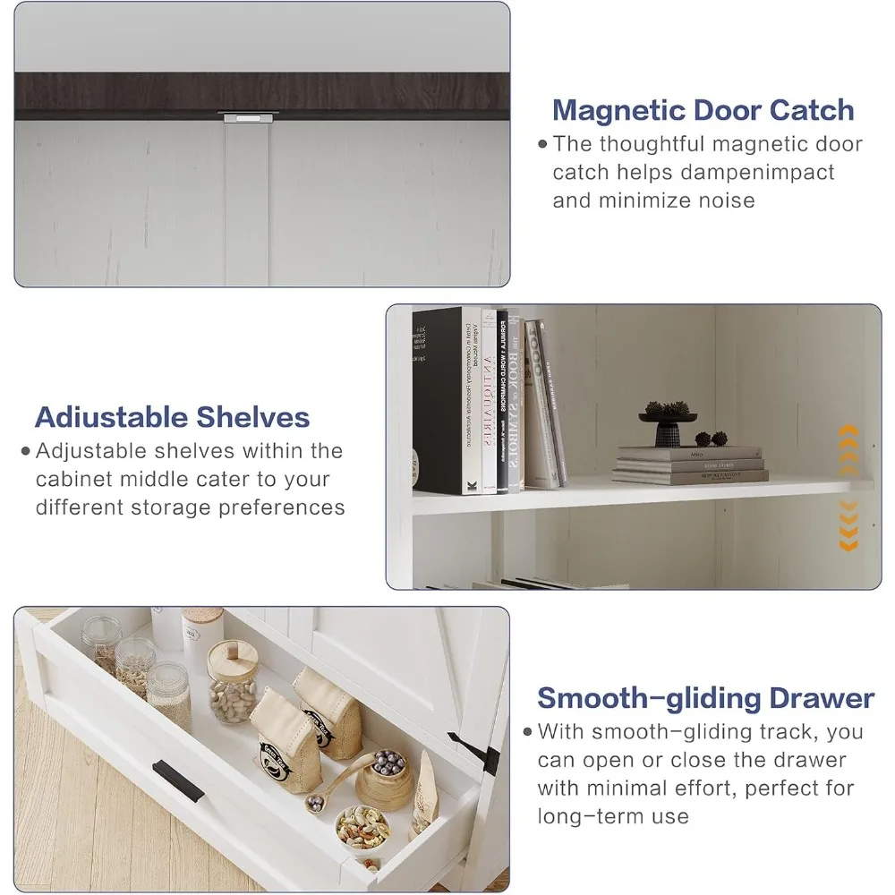 Farmhouse Kitchen Pantry Cabinet 72" Tall Wood Kitchen Storage Cabinets Adjustable Shelves 2 Barn Doors Drawer