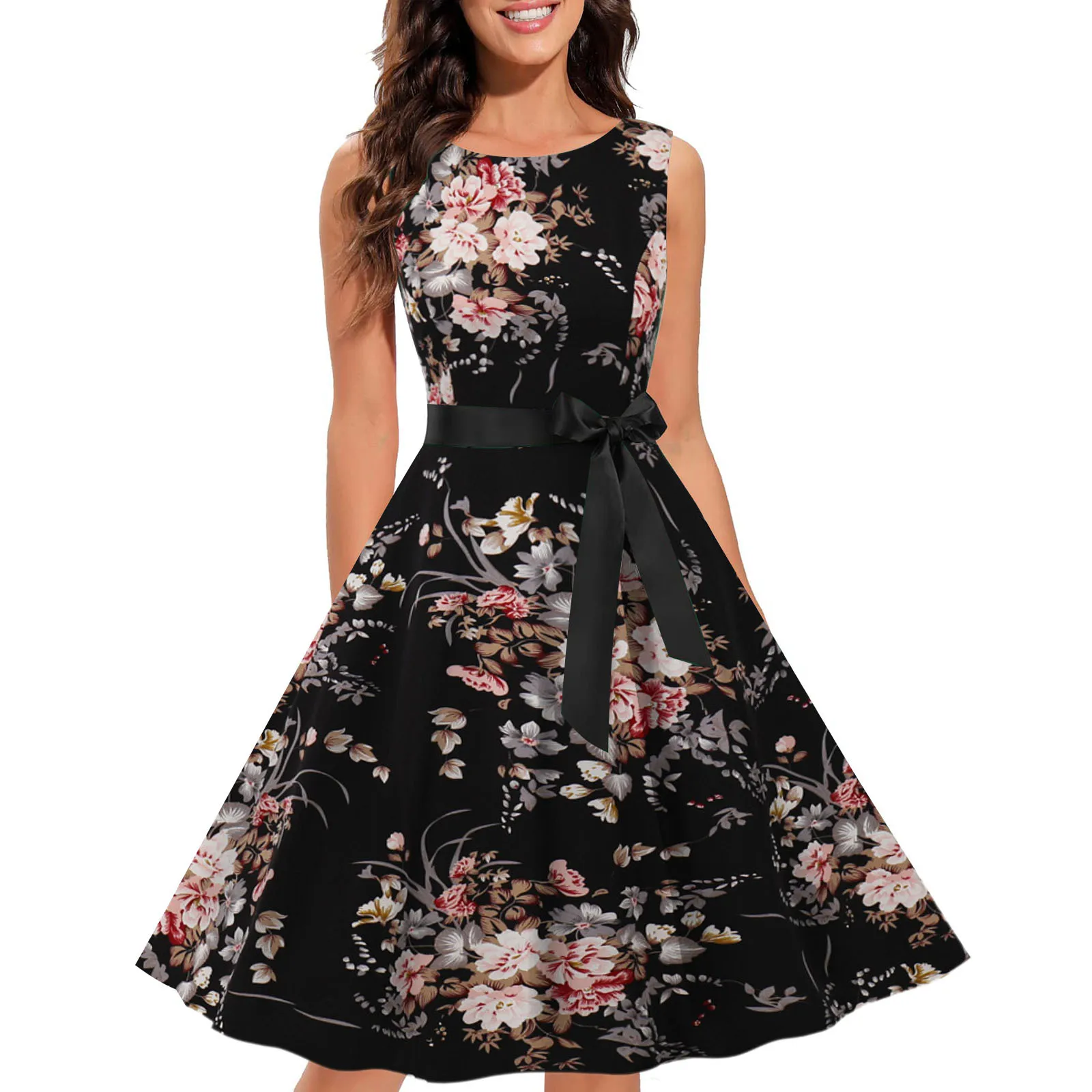 

Summer party Women's Dresses Retro Casual Print Crew Neck Sleeveless Waist Fashion Belt Dress