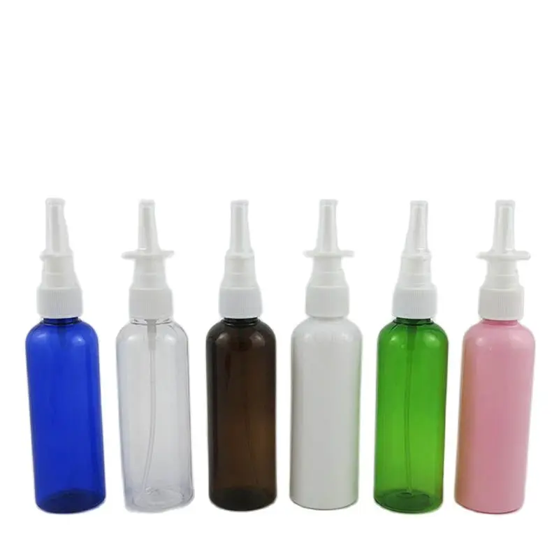 

30pcs/lot 100ml empty PET plastic nasal spray bottle clear blue dark Amber makeup e liquid dispensing tool with sprayer