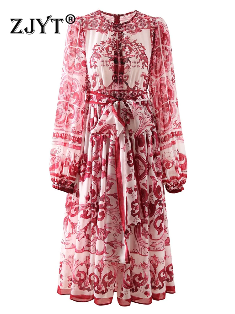 ZJYTRunwayFashionVintagePrintChiffonDressesforWomenLongSleeve