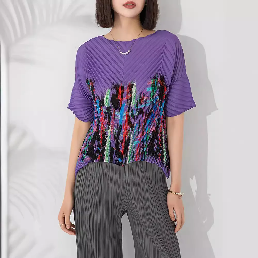 

Women's blouse Miyake Pleated Fashion loose O-neck short sleeve irregular print T-shirt