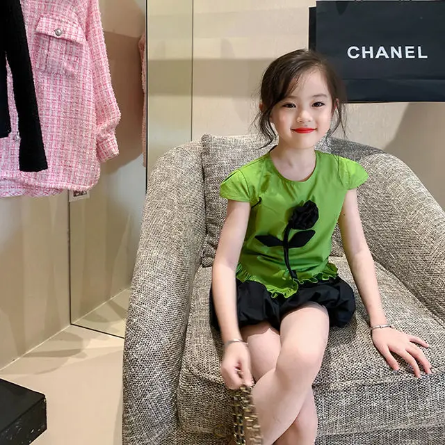

2023 New Baby Girl Clothes kids Casual black flower set Children's T-shirt pant