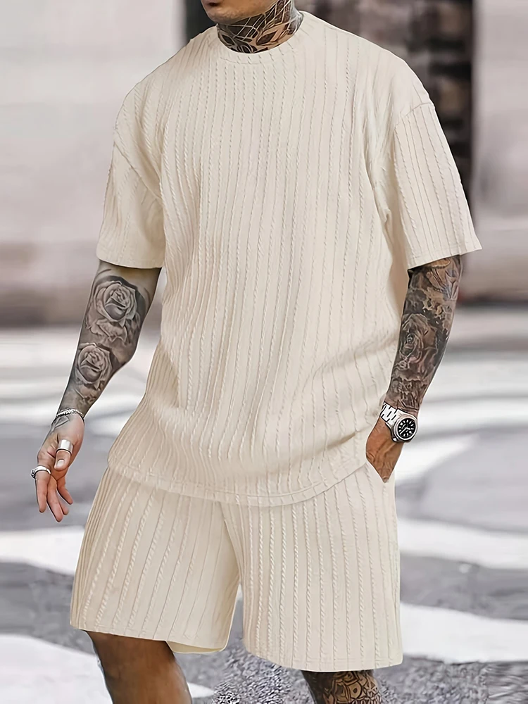 

New Casual Ribbed Knitted Outfits Men Fashion Short Sleeve O Neck Knit T Shirt And Shorts Mens Two Piece Sets Summer Men's Suits