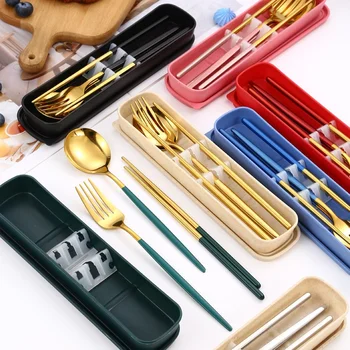 3 pz/set posate con portaposate stoviglie cucchiaio forchetta bacchette Set stoviglie da viaggio posate da viaggio in acciaio Set portautensili 1