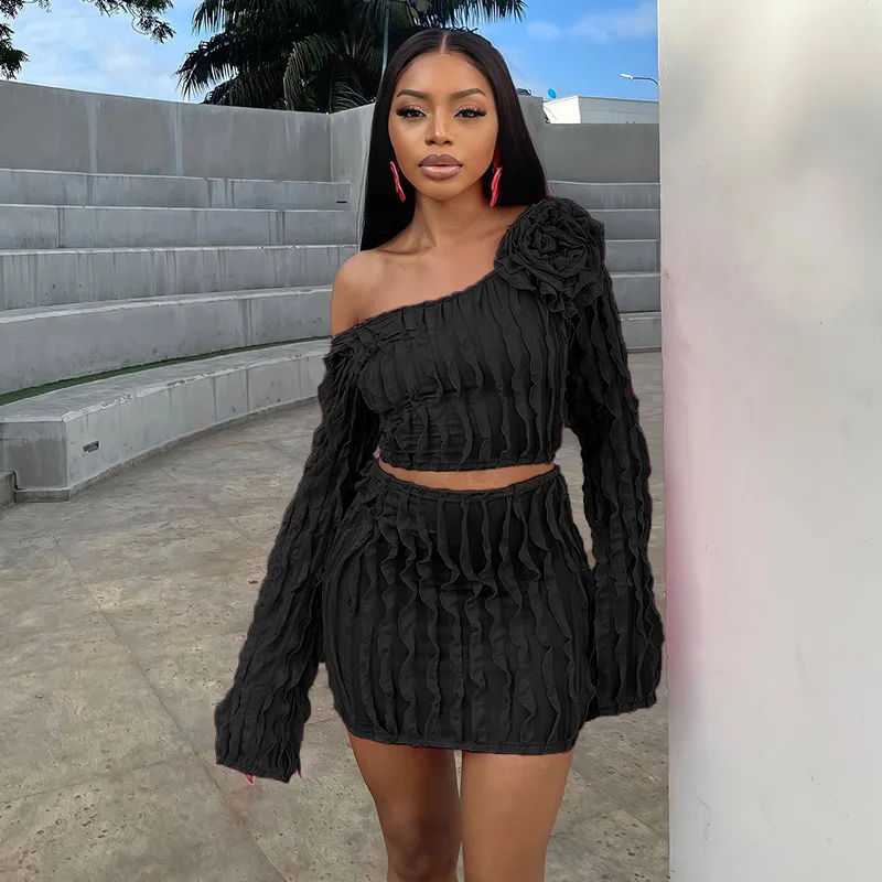 SKMY New 2 Piece Sets Women Outfit Long Sleeve Crop Top Solid Color 2023 Y2k Clothing Wrapped Hip Mini Skirt Set Party Clubwear