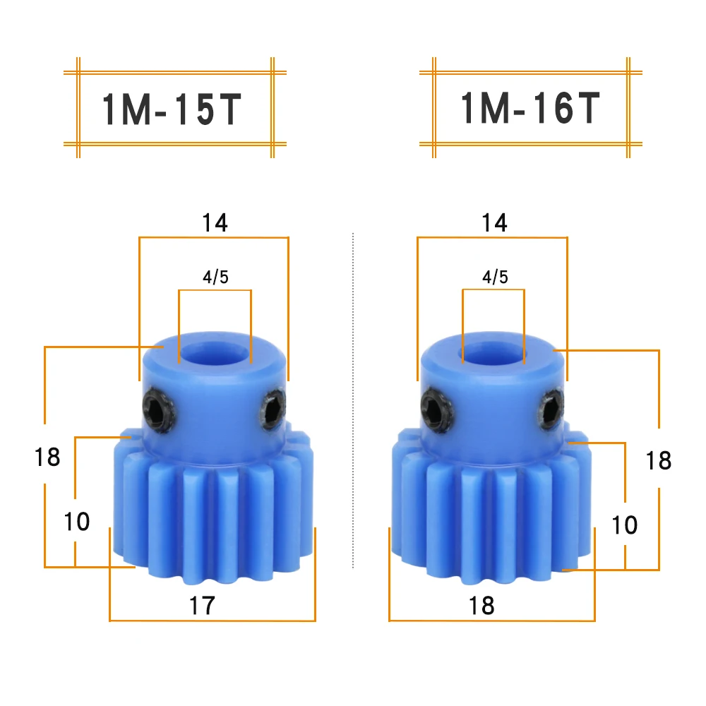 Nylon Gear 1M-15T/16T/17T/18T/19T/20T Teeth Pitch 3.14 mm Blue Spur Gear Teeth Height 10 mm Total Height 18mm Bore 4/5/6/6.35mm