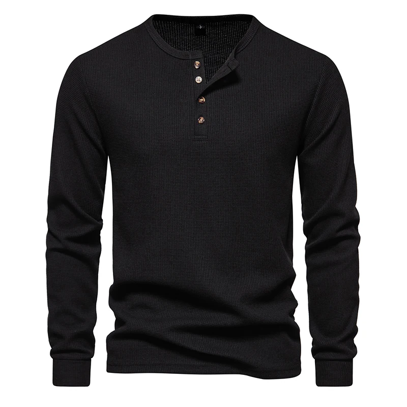 Waffle Henley T-Shirt Men Basic Breathable Men's Long Sleeve Tops