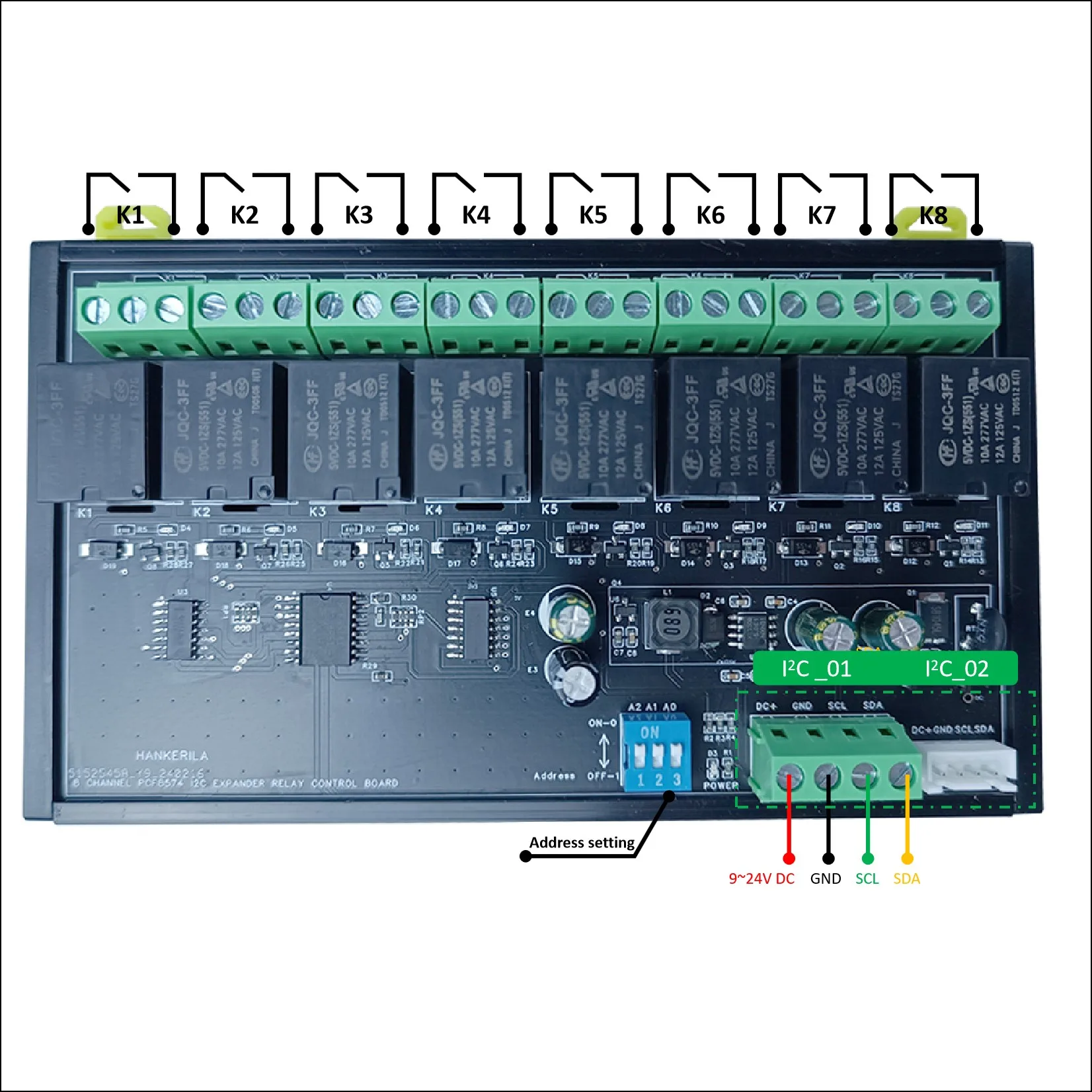

8-канальная релейная плата с PCF8574 для расширения GPIO, интерфейс I2C, настройка адресов-универсальное управление