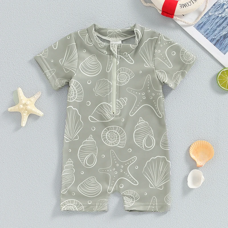 

Toddler Baby Boy Swimsuit Bathing Suit Rash Guard Sea Shell Short Sleeve Zipper Beach Swimwear Sunsuit