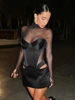 Fashion Pullover Sexy Women Mesh Turtleneck Long Sleeve Satin Cut Out Dress Bodycon Short Club Evening Fashion Party Dress 2024 1
