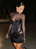 Fashion Pullover Sexy Women Mesh Turtleneck Long Sleeve Satin Cut Out Dress Bodycon Short Club Evening Fashion Party Dress 2024 1