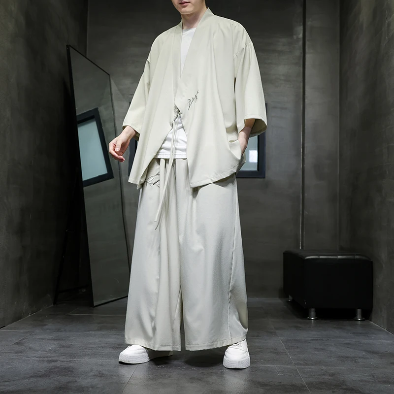 Mens Sets 3/4 Sleeved Cardigan Wide Leg Pants Male Suit 2 Pieces Japanese Style Plus Size M-5XL
