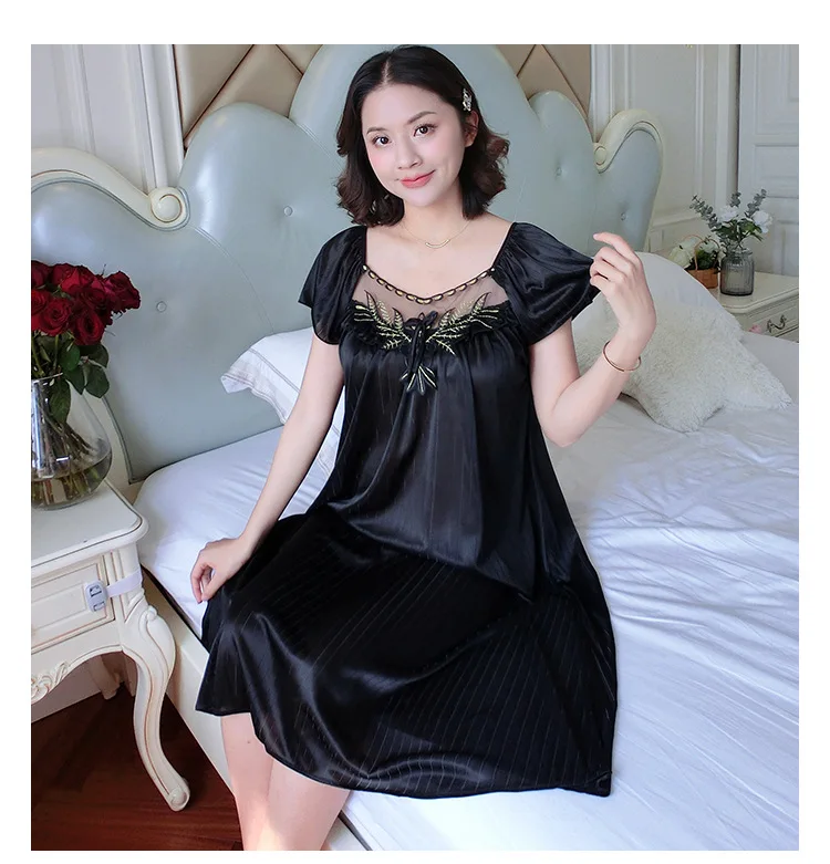 Ladies Nightdress Sexy Ice Lace Large Size Solid Color Flower Pajamas Thin Short-sleeved Lace Skirt Night Dress Women Dress