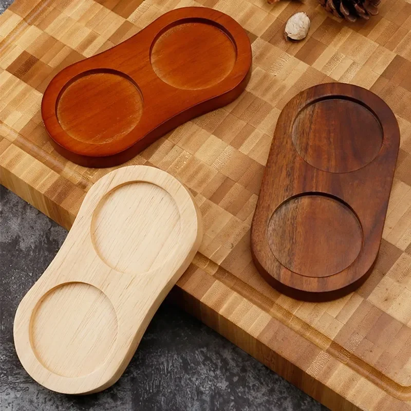 Wood Pepper Mill Tray Bamboo Salt Pepper Shaker Stand Tray Double Hole Base Tea Tray Home Decor Seasoning Bottle Storage Holder 5