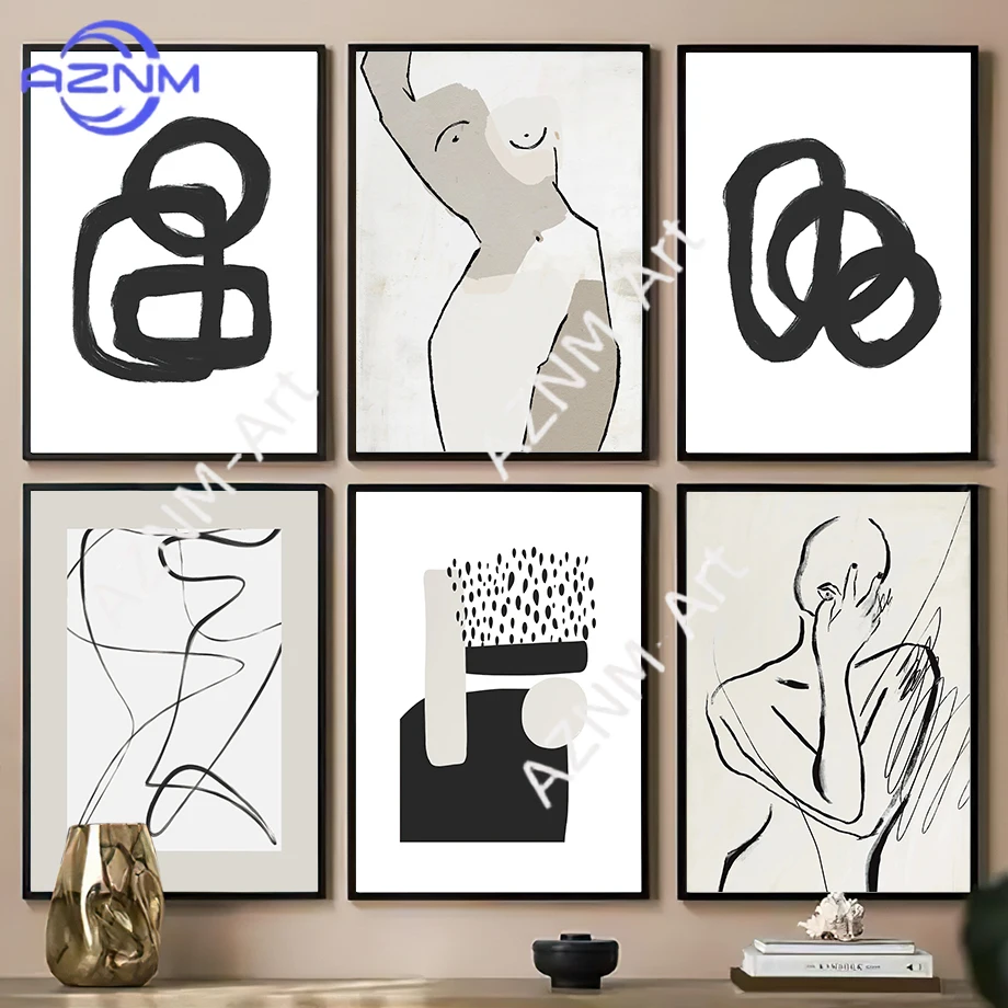 Disegno a linee nere di un corpo femminile, poster astratti con arcobaleno, stampe su tela, quadri da parete per hotel, bar, decorazioni per il soggiorno - immagine 2