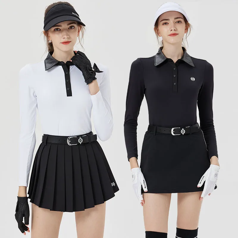 

Blktee Autumn Women Leather Collar Golf Tops Slim Long Sleeved Sports Tops Lady A-line Wrap Skirt Pleated Slim Culottes Suit