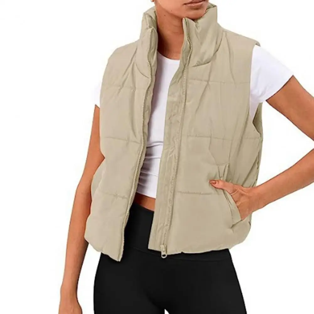 

Autumn Solid Color Waistcoat Women Stand Collar Sleeveless Pockets Vest Jacket Zipper Placket Short Cotton Padded Puffer Vest