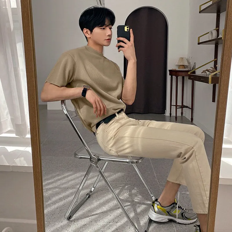 

2022 Summer Men's Short Sleeved Korean Casual Tshirt Solid Color Loose Round Neck T-shirt Clothes Khaki/navy Color T Shirt M-2XL