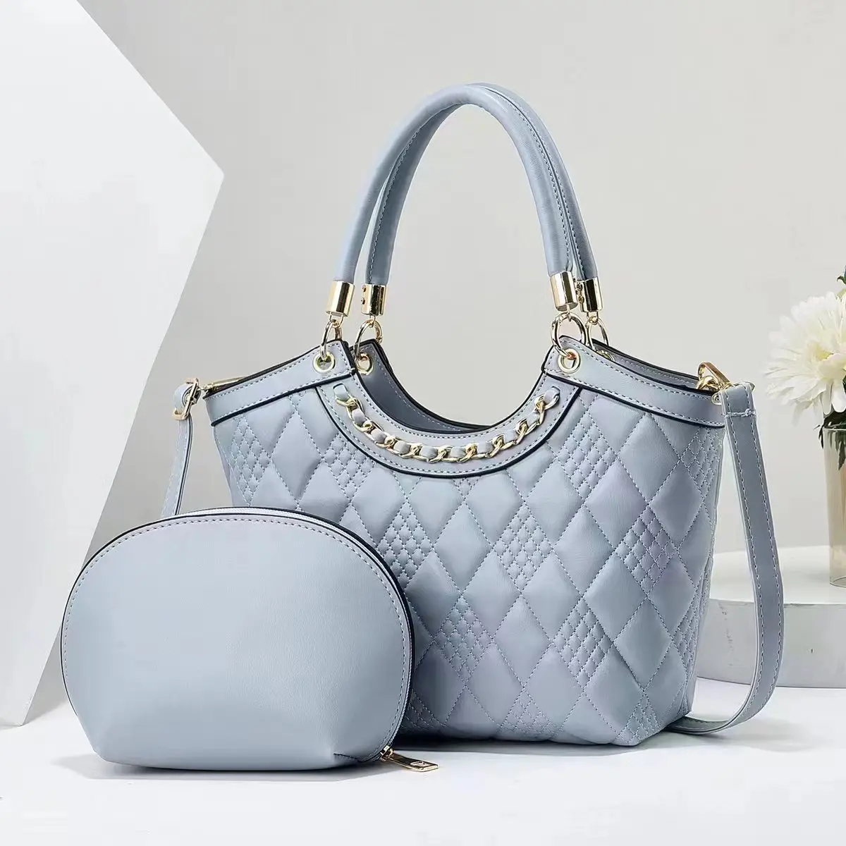 Women's Chain Rhombus Tote Bag 2 two-piece large bag Stylish commuter shoulder bag Crossbody bag