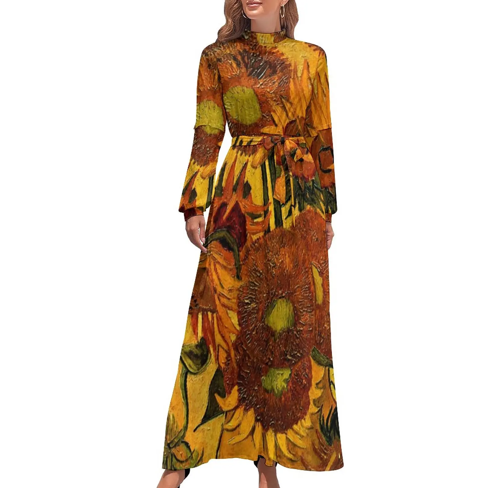 

Van Gogh Dress High Waist Vase With Sunflowers Pattern Beach Dresses Long-Sleeve Casual Long Maxi Dress Vintage Clothes