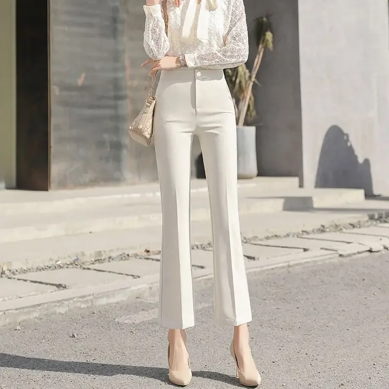 thumbnail image 1 of Pantalones acampanados formales e informales de moda para mujer, con bolsillos con cremallera y botones de color liso para primavera y otoño, pantalones que combinan con todo., 1 of 5