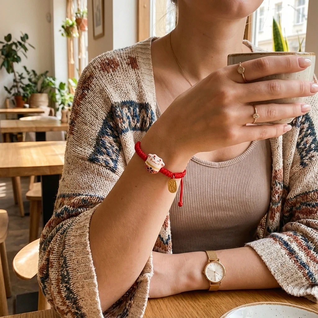 Keramik-Maneki-Neko-Armband mit roter Schnur für Damen und Herren, handgefertigt, geflochten, Glückskatze-Charm, Amulett, Reichtum, Feng Shui, Neujahrsgeschenk