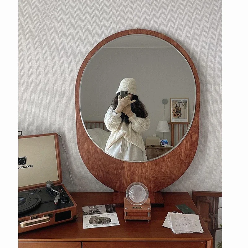 

INS Style Korean Online Red Blogger Makeup Mirror Mid-Ancient Solid Wood Desktop Table Mirror Modern Simple Wall-Mounted Mirror