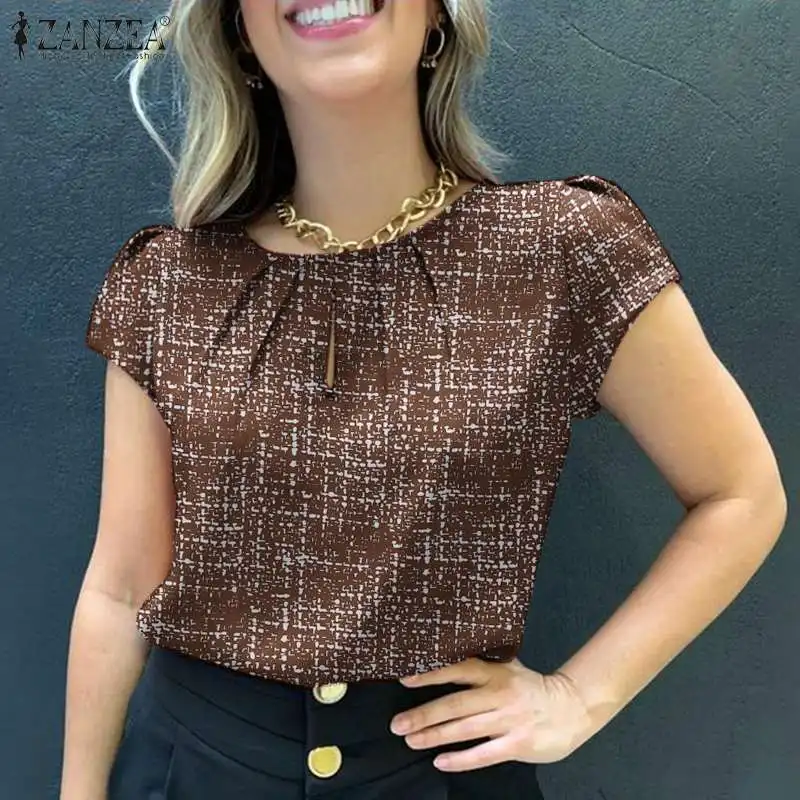 ZANZEA Summer Fashion Printed Blouse Woman Short Sleeve O-Neck Tops Casual Party Chemise Female Elegant OL Office Shirt 2024