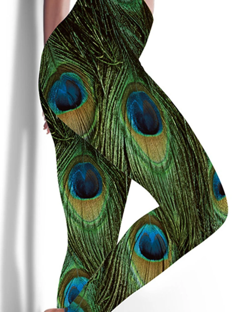 Green Feather Printed Leggings Women Gym Pants High Waist Tummy Control Push Up Yoga Tights Elastic Sports Leggins Spandex