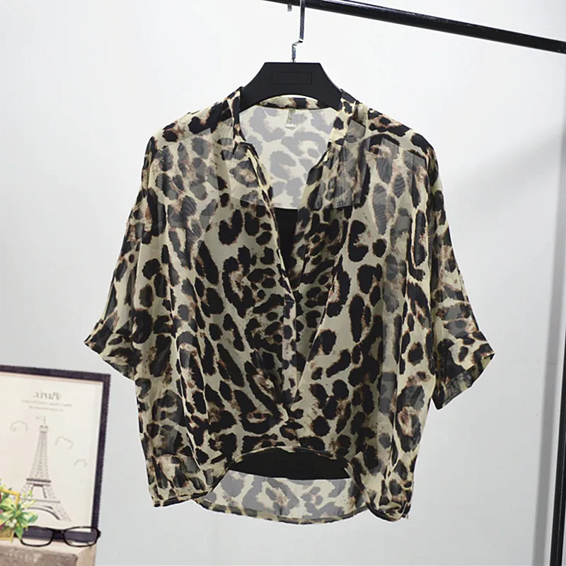

Leopard Chiffon Women Blouse 2022 Fashion Design V-Neck Batwing-Sleeved Loose Oversized Pulls Sets Outwear Tops