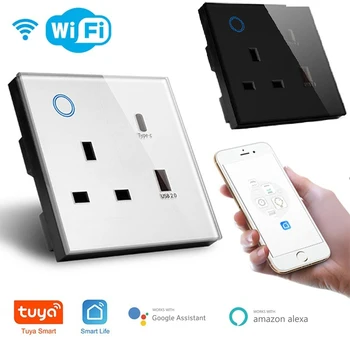 UK Tuya WIFI Smart USB Wall Socket Universal Plug Outlet 13A Power Touch Switch Wireless Charge Works with Alexa Google Home