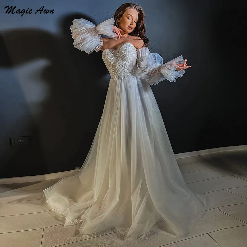 

Magic Awn New Wedding Dresses For Weomen Detachable Puffy Sleeves Lace Appliques Illusion Lace-Up Back A-Line Mariage Gowns Robe
