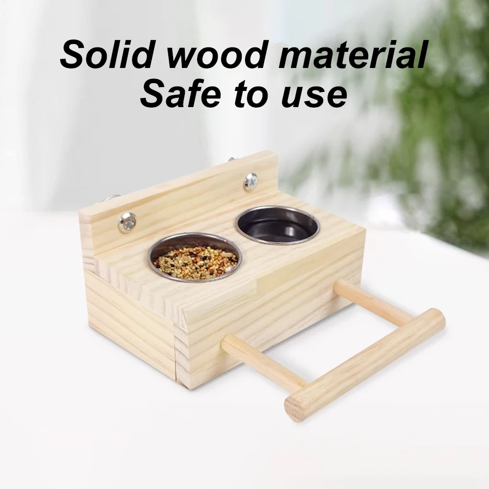 Wooden Pet Parrot Stand Perch Box Toy Bird Feeder Cups with Stainless Steel Double Dispensers & Cage Clip for Parakeets Gerbils