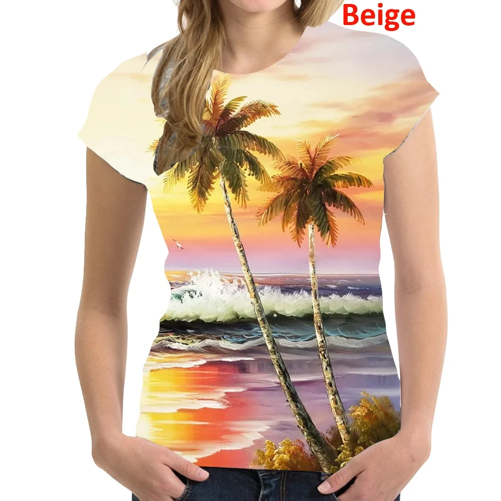 

2023 Palm Motif Printed Short Sleeve Fashion Women's New O-neck Casual Hawaiian Shirt Top