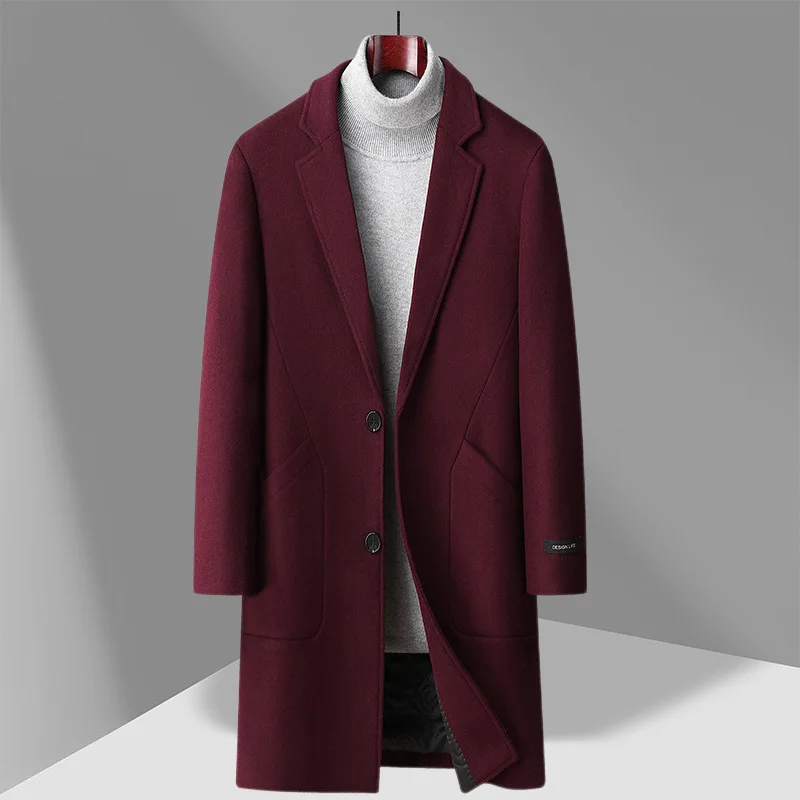 Autumn Winter Thickened Woolen Coat Men's Business Style Mid-Length Windbreaker Single Button Closure No Waist Belt