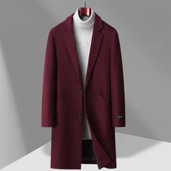 Autumn Winter Thickened Woolen Coat Men's Business Style Mid-Length Windbreaker Single Button Closure No Waist Belt
