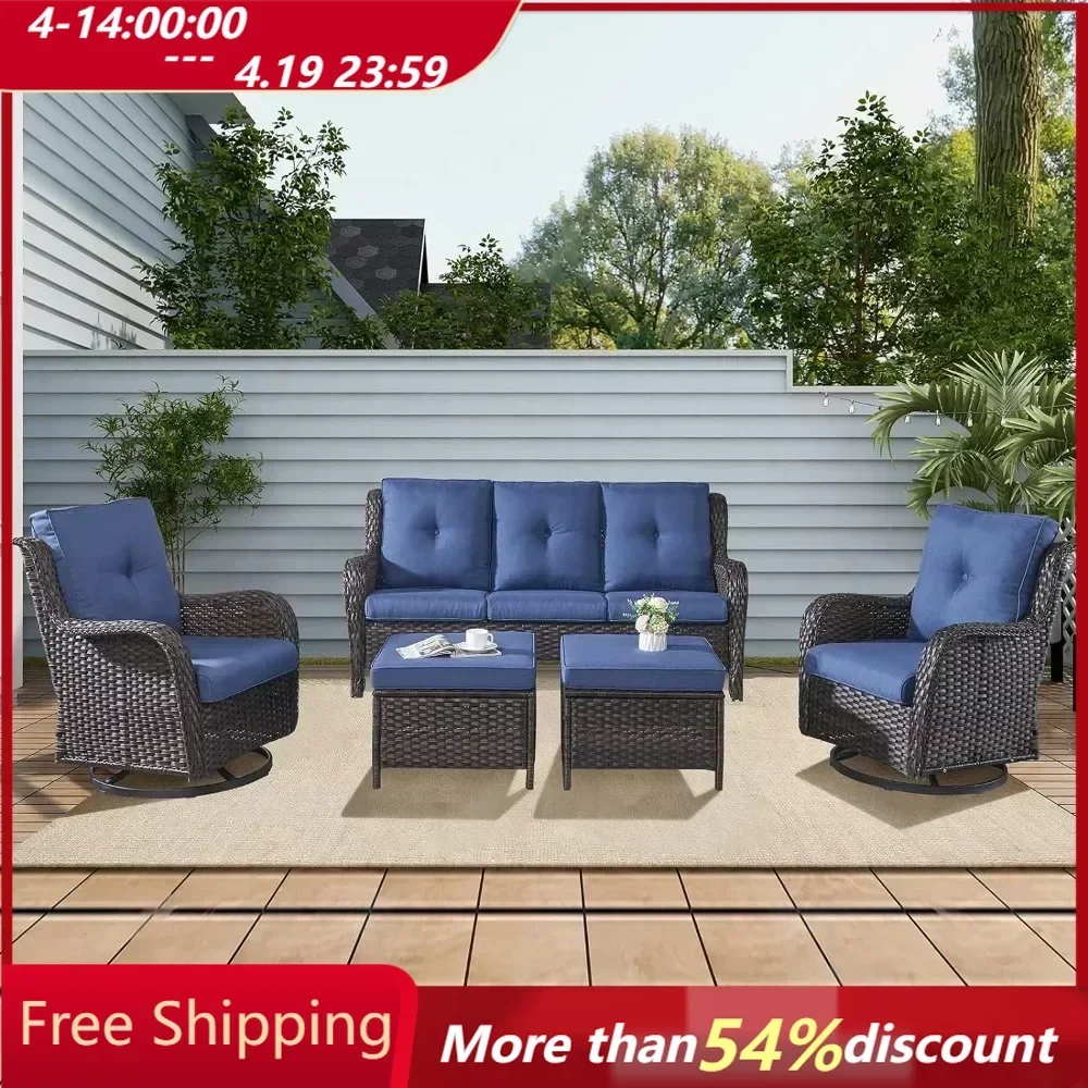 

Rattan Outdoor Sectional Conversation Sets with 2 Rocking Swivel Chairs,2 Ottomans Deck Garden Brown/Blue Garden Sofas