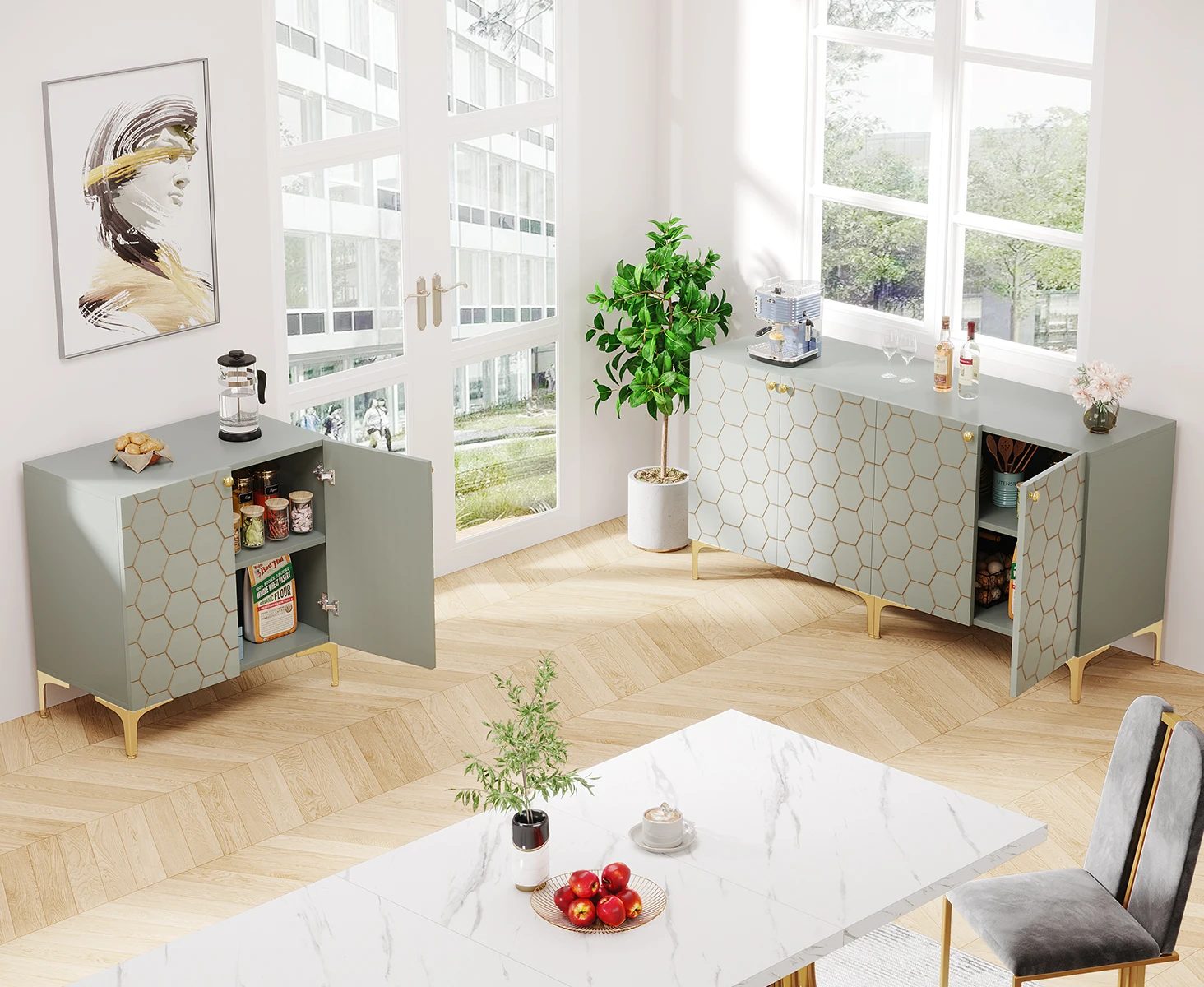 Tribesigns 31.5 Inches Buffet Cabinet Set of 2, Sideboard with 2 Doors and Storage Shelves for Home, 2