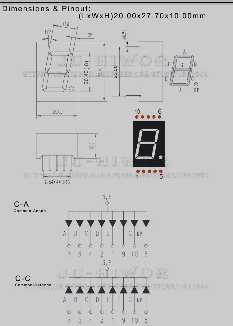 10pcs 10Pins 8106AW 8106BW 0.8 Inch 1 Digit Bits 7 Segment White LED Digital Display Digitron Common Anode Cathode C A C C led digital tube display