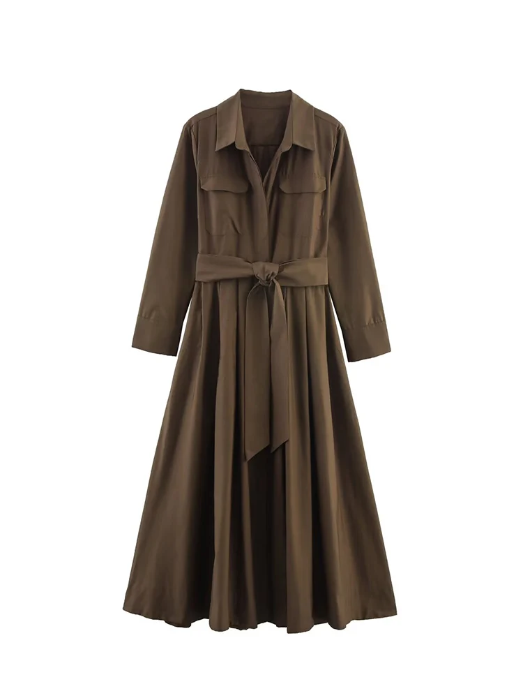 Women's New Lapel Midi Shirt Dress Long Sleeve Solid Waist Lace Up Dress Single-breasted Casual Pocket Dress Elegant Party Wear