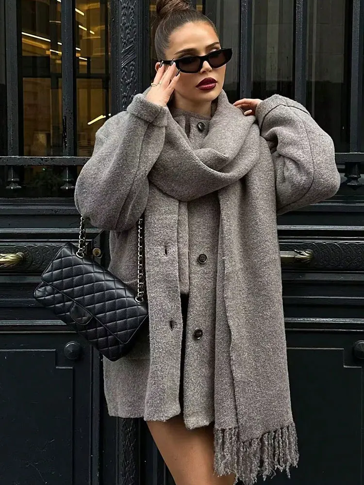 HH Women Knitted Cardigan Coats With Scarf Loose Casual Single Breasted Long Sleeve Jackets Autumn Woman Elegant Fashion Outwear