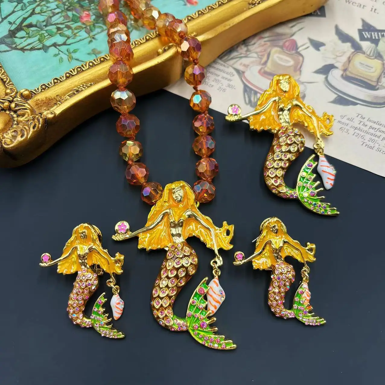 

Vintage Mermaid Enamel and Diamonds Cute Crystal Glass Ocean Style Necklace