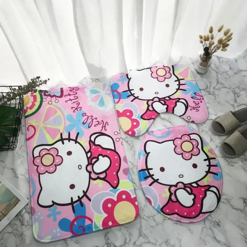 3Pcs/set Kawaii Anime Hello Kitty Melody Flannel Sponge Non-Slip Floor Mat Cartoon Toilet Cover Pad Bathroom Mat Antiskid Carpet