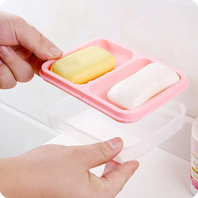 Double Grid Soap Dish with Lid Creative Portable Soap Box Drain Soap Storage Case Bathroom Accessories