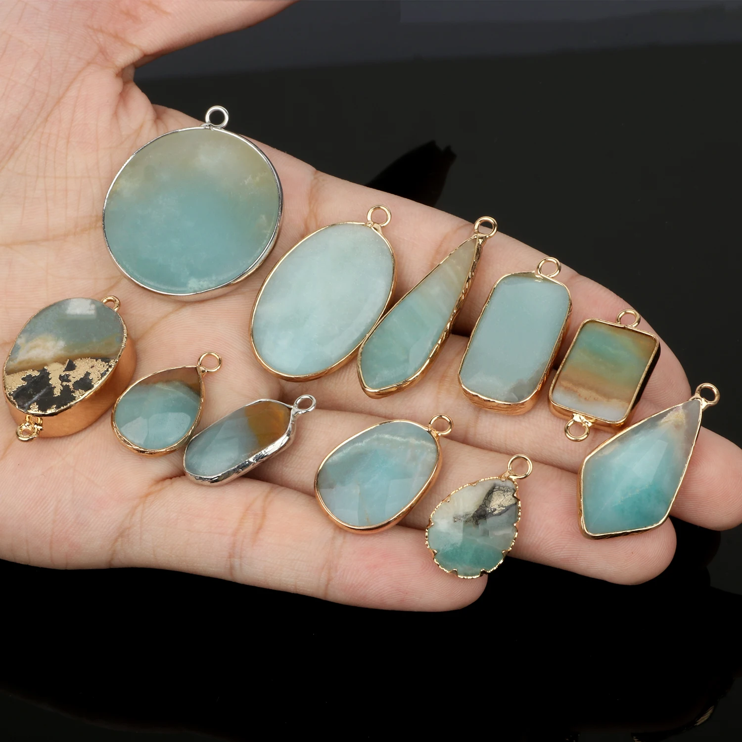 Trendy Natural Amazonite Gold-Plated Edge Charms Pendant Water Drop Oval Round Pendant for Jewelry Making DIY Necklace Bracelets 6